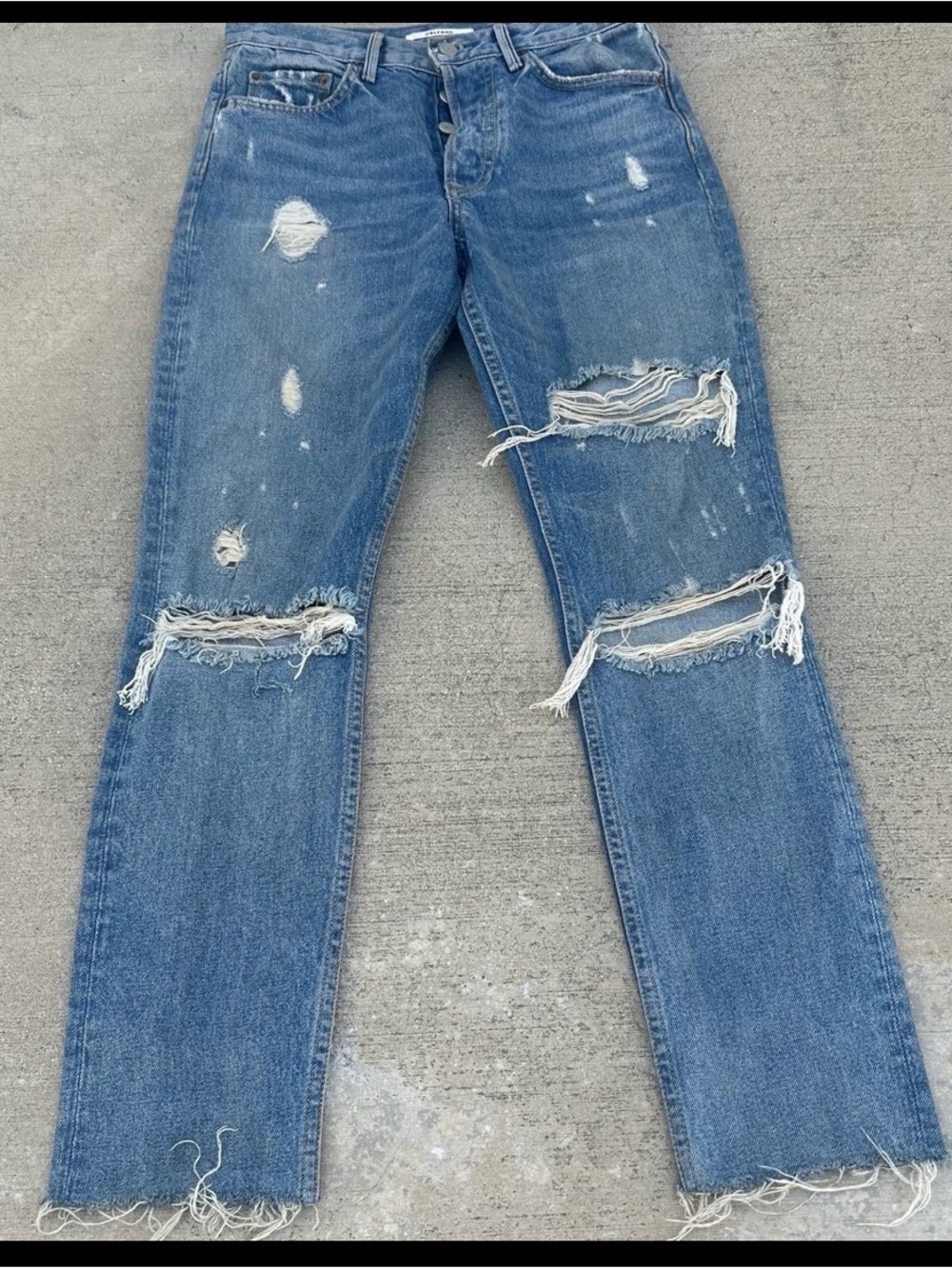 GRLFRND “Karolina’ Distressed High-rise slim-leg Fly button Jeans ~26